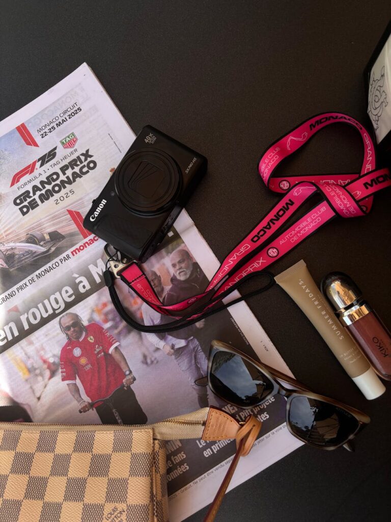 stylish flat lay with camera and accessories